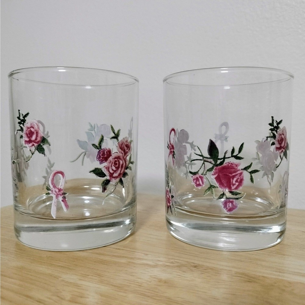 2 Avon Pink ribbon candle holder glass